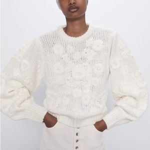 Zara White Floral Knit Sweater